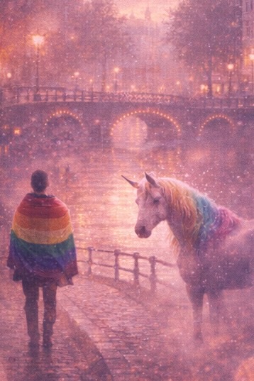 A figure in a rainbow cape meeting a unicorn on an Amsterdam canal bridge at dawn.