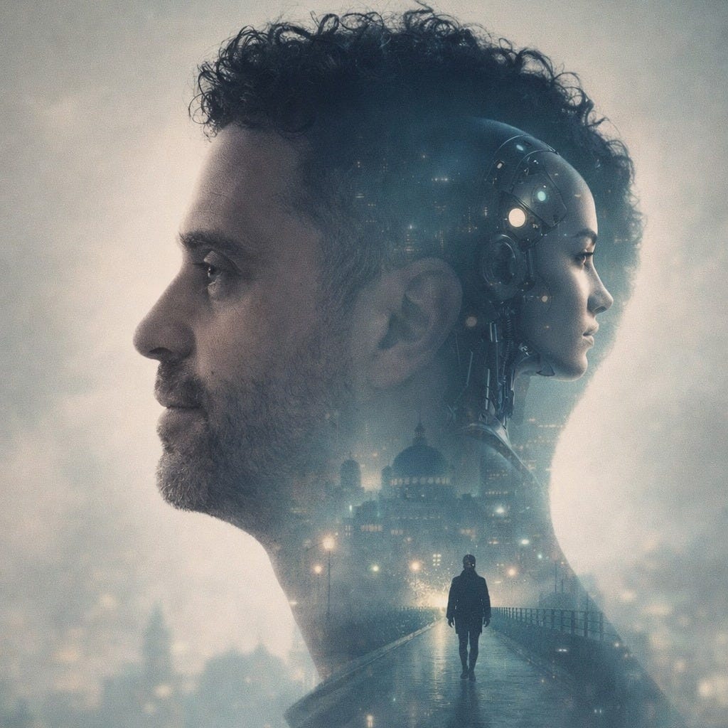 Double-exposure portrait — a human profile merging into an AI silhouette over a city at night.